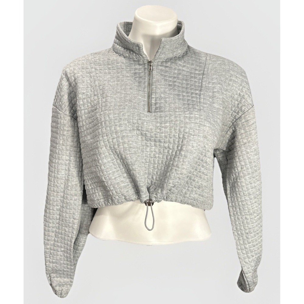 Cider‎ Large Quarter Zip Cropped Quilted Sweatshirt Gray With Cinch Waist